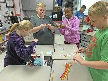 Pictured are students in Jessica Lathrop’s class at Hickman County Elementary School taking part in an engineering challenge on the first day of the 2018-19 school year. (Photo submitted)