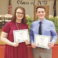 Pictured are recipients of the HCHS Alumni Scholarship at the recent Honors Nights. Madelyne Reynolds, left, and Chase Boaz, right. Reynolds also received the Transylvania University Scholarship. (Photo submitted)