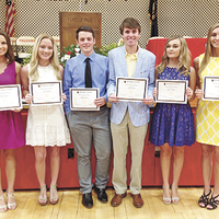 Murray State University Scholarships were awarded to, left to right, Ally Samuel, Liv Crawford, Chase Boaz, Jakob Stahr, Alyssa Moore, and Carley Byassee at the recent Hickman County High School Honors Night. Samuel also received the Fulton - Hick-man County Agency for Substance Abuse Policy Scholarship and the Dylan Lynn Pittman Memorial Scholarship. Byassee also received the James and Joe Lamkin Scholarship. (Photo submitted)