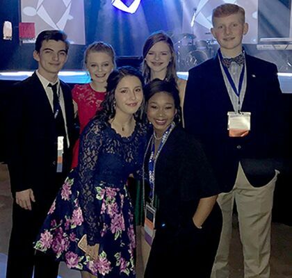 DECA STATE CAREER DEVELOPMENT CONFERENCE PARTICIPANTS – Pictured from front row, left to right, are Grace Ann Merritt, India Copper; back row, Jake Clapper, Courtney Wherry,  Morgan Stubblefield, and Jonathan Morris. (Photo submitted)