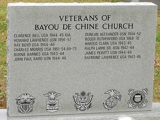 Pictured is the recently dedicated monument honoring Veterans who are, and were members of Bayou de Chine Cumberland Presbyterian Church. (Photo submitted)
