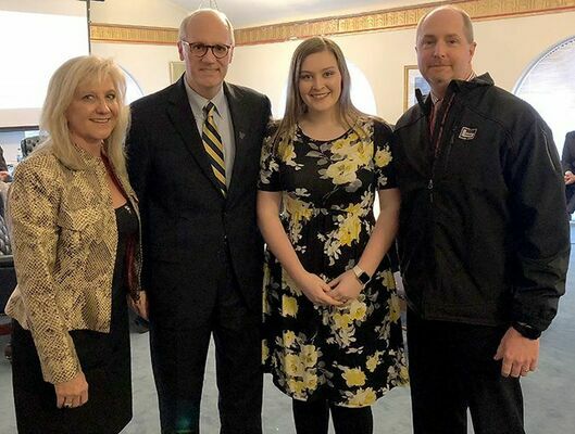 Senior Lexy Riddle addressed members of the MSU Board of Regents. Pictured with Riddle are MSU Board of Regents Vice-Chair Lisa Rudolph, newly elected MSU President Bob Jackson, and Superintendent Casey Henderson. (Photo submitted)