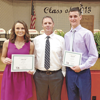 Ally Samuel, left, and Dalton Jewell, right, were the recipients of the Joey Fosko Memorial Scholarship at the recent Hickman County High School Honors Night. Jeff Boaz, center, was the presenter. Jewell also received the Signet Scholarship. (Photo submitted)