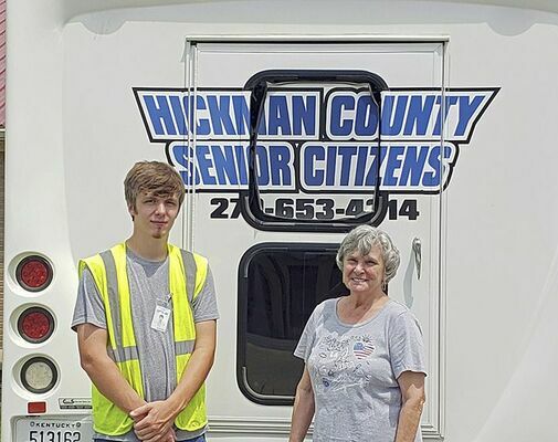 AN AGREEMENT IN TRANSIT – Pictured left to right are Brock Tucker, FCTA driver, and Marge Kelley, Hickman County Senior Citizens Center’s Director. (Photo submitted)