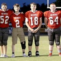 EIGHTH GRADE NIGHT – Six Junior Red Devils football players were honored on 8th Grade Night last week. Those playing their final home game were, left to right, Garet Gilliland (58), Jacob Nagel (52), Will Clapper (2), Micheal Ashley (18), Luke Morris (64) and James Pergande (55). (Photo by Charles Choate)