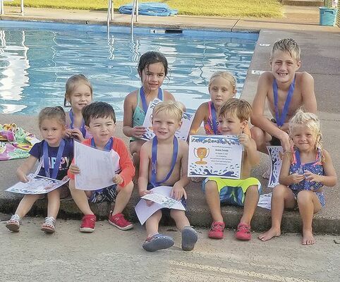 SAFE SWIMMERS – The last swimming class of the summer was a level 1 swim class held July 30-Aug. 3 at the Fulton Country Club. Pictured are participants, front row, left to right, Delaney Kimbell, Henry Boston, Garrett Black, Jaxon Smith, Addie Ray Guhy; back row, Addie Shea Cunningham, Lili Martin, Chloe Wiggins, and Gabe Wiggins. Not pictured is Maddox King. Instructors were Ann Bard and Sharye Hendrix (Photo submitted)