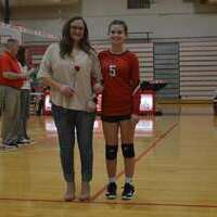 LADY RED DEVILS EIGHTH GRADE NIGHT – South Fulton eighth grader Gabi Long, #5, a member of the 2024 SFMS Lady Red Devils Volleyball Team, along with her mother, Ellen Long, was recognized during the eighth grade night recognition at the SFMS Lady Red Devils home match March 5. Gabi is the daughter of Ellen Long and the late T.J. Long. (Photo by Benita Fuzzell.)