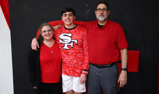 SENIOR NIGHT RED DEVILS RECOGNITION – Samuel Angelos, son of Ginger and Pete Angelos, and a senior member of the SFHS Red Devils Basketball team, was one of the student athletes honored during Senior Night recognition at the SFHS vs. Mayfield basketball game Feb. 5. (Photo by Jackson Doss)