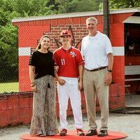 RED DEVILS HONORED – South Fulton High School senior baseball team member Beau Britt  was honored during Senior Night recognition, along with his parents, Stacie and Tim Britt. (Photo by Jake Clapper)