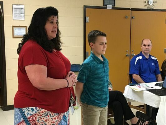 GEOGRAPHY GREATNESS -- South Fulton Elementary Principal Laura Pitts introduced SFES student Gentry Wright, the school's geography bee winner, who competed at the state level, to members of the Obion County Board of Education Monday night, meeting at SFES.