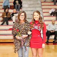 SFHS SENIOR CHEERLEADER HONORED – South Fulton High School senior cheerleader Amelia Brown was among athletes recognized at the basketball game versus Hickman County Feb. 13 in the SFHS gym. Her escorts for Senior night were her parents, Jamie and Melissa Brown. (Photo by Jake Clapper)