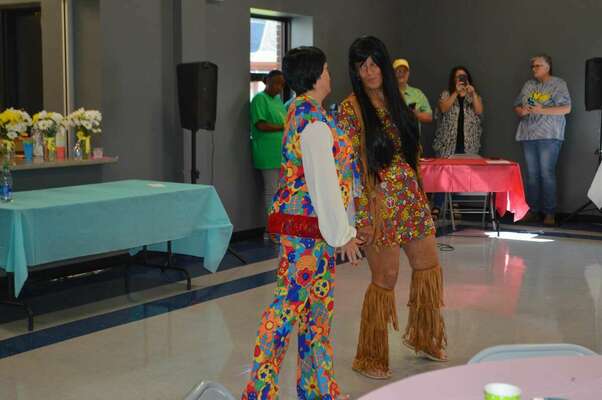"SONNY AND CHER" ENTERTAINED A LARGE GROUP OF SENIORS AT FULTON'S PONTOTOC PARK SEPT. 14, DURING A 60'S THEMED MORNING OF REFRESHMENTS, GAMES AND DOOR PRIZES, PART OF THE 2022 BANANA FESTIVAL UNDERWAY NOW IN THE TWIN CITIES OF FULTON, KY. AND SOUTH FULTON, TENN.