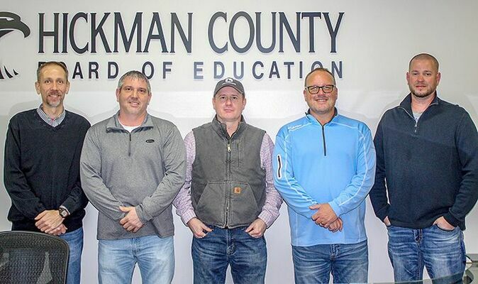 Pictured are, left to right, Hickman County Board of Education members Thomas Dodson, Shannon Dowdy, Caleb Dewees, Martie Templeton, and Matt Hicks. (Photo submitted)