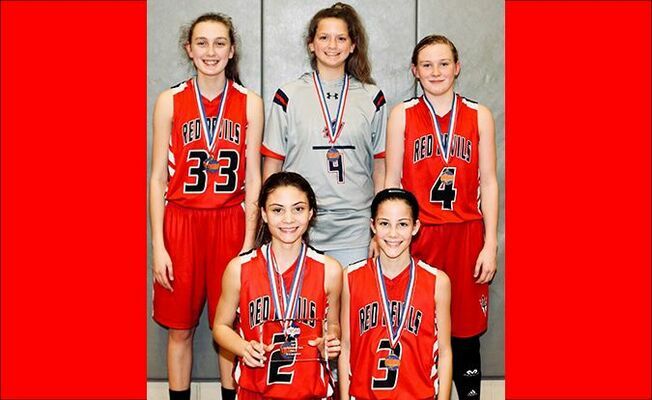 MIDDLE SCHOOL SECTIONAL ALL TOURNAMENT TEAM – Four SFMS Lady Red Devils were named to the Sectional All Tournament Team, including Abbi McFarland, top left; Alayna Fussell (Hillcrest), Maddie Gray, top right; Aubree Gore and Anna Gore, front. Aubree Gore was also named “M.V.P.” of the tournament. (Photo by Jake Clapper)