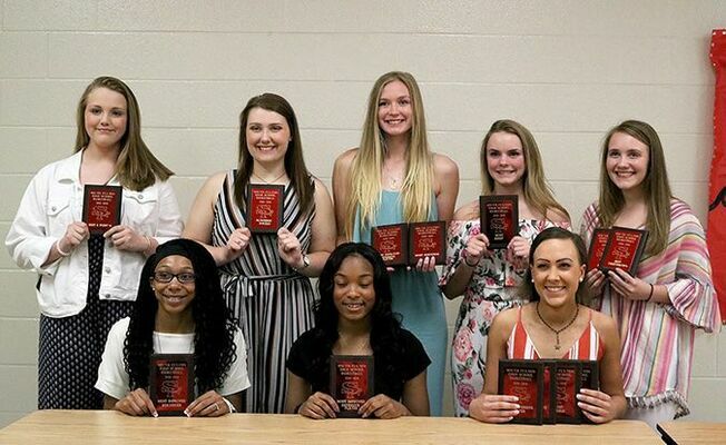 LADY RED DEVILS' HONORED – Members of the South Fulton High School Lady Red Devils 2018-2019 basketball team received recognition during the April 22 Basketball Awards Banquet held at South Fulton High School. Award winners included front, Nece Quinn, Most Improved Rebounder, CaShayah McClerkin, Most Improved Defensive Player, Amber Lemon Best 3 Point Percentage, Best Defensive Player, Best Offensive Player and Most Steals, back, Sophia Hodges, Best 2 Point Percentage, Erin McDaniel, Academic Award, Allison Murphy, Best Rebounder, Most Improved Offensive Player, Marli Buchanan, Most Assists, Sophia McMinn, 110% Award and Best Free Throw Percentage. (Photo by Jake Clapper.)