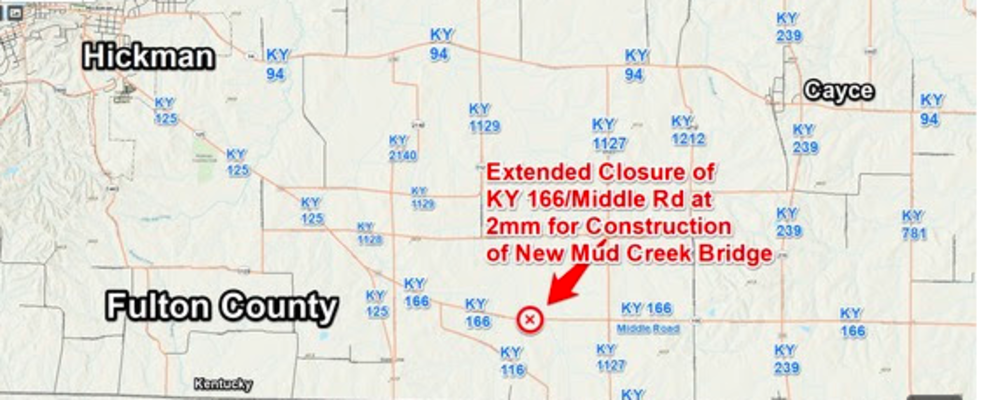 Extended Closure of KY 166/Middle Rd in Fulton County for Bridge Replacement starts Wed, Sept 20
