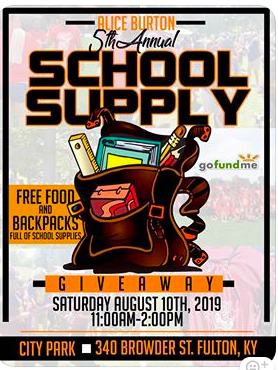 The Alice Burton School Supply Give-Away will take place this Saturday at Fulton's City Park.