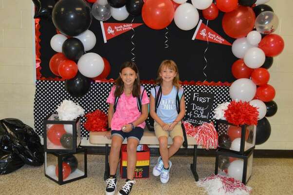 Students who used the rear entrance of the building were provided with a photo-op display to commemorate their first day.