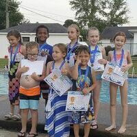 CERTIFIED SAFE SWIMMERS – Area children who recently completed swim safety classes, Level 1, taught by instructors Ann Bard and Sharye Hendrix at Fulton Country Club July 9-13 included, left to right, are Corbin Hall, Macy Jamison; Ean Byassee; back row, Kylee Curry, Carson Miller, Caityln Dillinger, Ella Murphy, and Sadie Elliott. (Photo submitted)