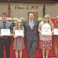 West Kentucky Community and Technical College Scholarship recipients were, left to right, Nathan Howell, Camryn Jackson, Trent Johnson, presenter, Natalie Hannon, Caylee Barnett at the recent Hickman County High School Honors Night. Barnett also received the Retired Teachers Scholarship. Howell also received the UK College of Engineering Scholarship. (Photo submitted)